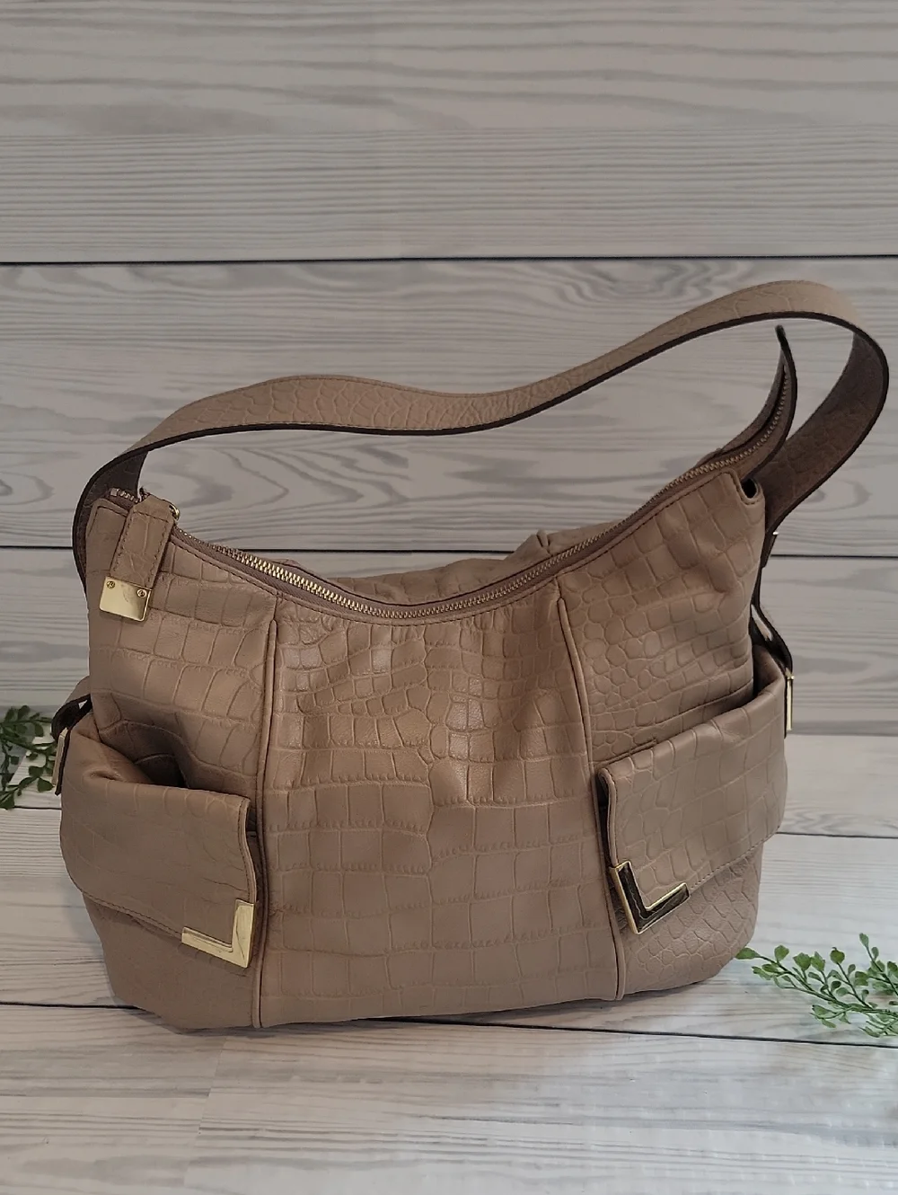 Michael Kors Beverly Croc Embossed Taupe Shoulder Bag Large Hobo